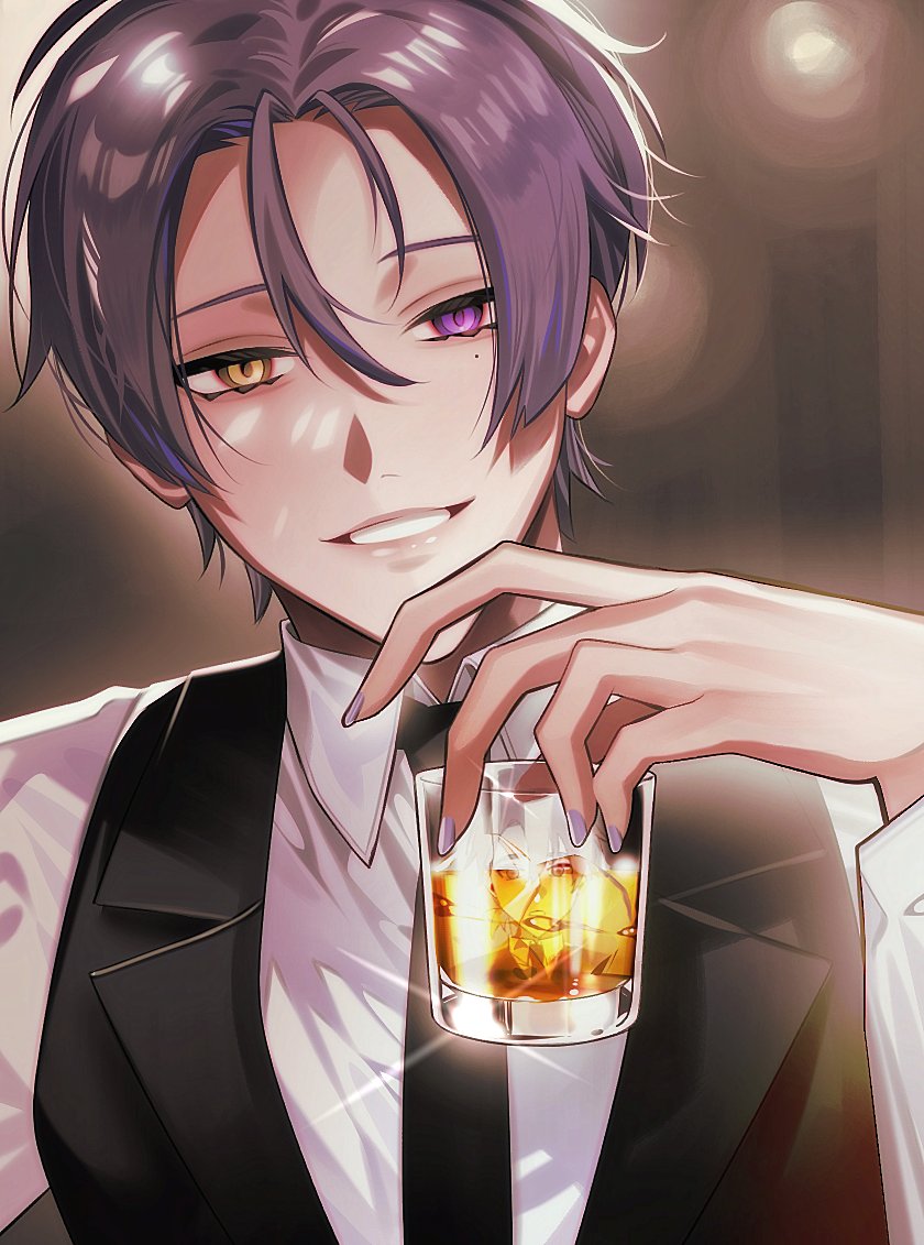 1boy alcohol bartender bishounen black_necktie cup drinking_glass heterochromia holding holding_cup ice ice_cube kuya_(nu_carnival) long_sleeves looking_at_viewer male_focus mole mole_under_eye necktie nu_carnival parted_lips purple_hair purple_nails short_hair smile violet_eyes whiskey yaaakubi yellow_eyes