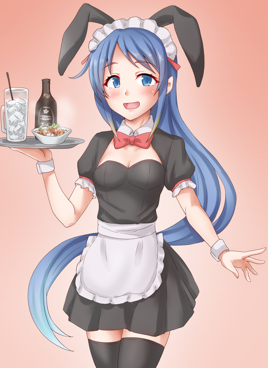 1girl alcohol alternate_costume animal_ears anti_(untea9) apron black_dress black_thighhighs blue_eyes blue_hair blush bottle breasts cup detached_collar dress drinking_glass fake_animal_ears food frilled_apron frills gradient_background gradient_hair highres holding holding_tray kantai_collection long_hair looking_at_viewer multicolored_hair open_mouth pink_background puffy_short_sleeves puffy_sleeves rabbit_ears samidare_(kancolle) short_sleeves small_breasts smile solo thigh-highs tray very_long_hair waist_apron waitress