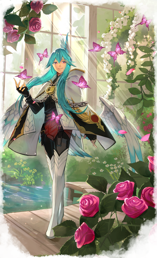 1boy aqua_hair black_gloves black_jacket boots border bright_pupils bug bush butterfly chain cloak colored_eyelashes conservatory fading_border feather_hair_ornament feathered_wings feathers fingerless_gloves flower full_body garter_straps gloves gold_trim hair_between_eyes hair_ornament hair_over_shoulder jacket light_rays lock long_hair looking_at_animal male_focus original pants pier pink_butterfly pink_eyes pink_flower pink_rose plant red_pants rose sennohajime smile solo standing sunlight thigh_boots water white_border white_cloak white_flower white_footwear white_pupils white_rose white_wings window wings