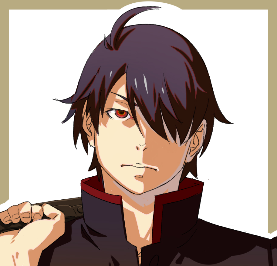 1boy ahoge araragi_koyomi black_hair black_jacket closed_mouth commentary_request expressionless gakuran hair_over_one_eye jacket looking_at_viewer male_focus monogatari_(series) naoetsu_high_school_uniform one_eye_covered portrait rapa_rachi red_eyes school_briefcase school_uniform short_hair solo straight-on upper_body