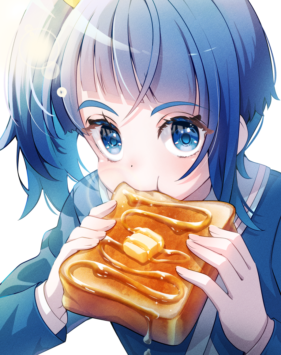 1girl blue_eyes blue_hair blue_shirt butter eating food hirogaru_sky!_precure holding holding_food long_hair long_sleeves looking_at_viewer maple_syrup osarutukamaeru precure shirt side_ponytail simple_background solo sora_harewataru syrup toast white_background