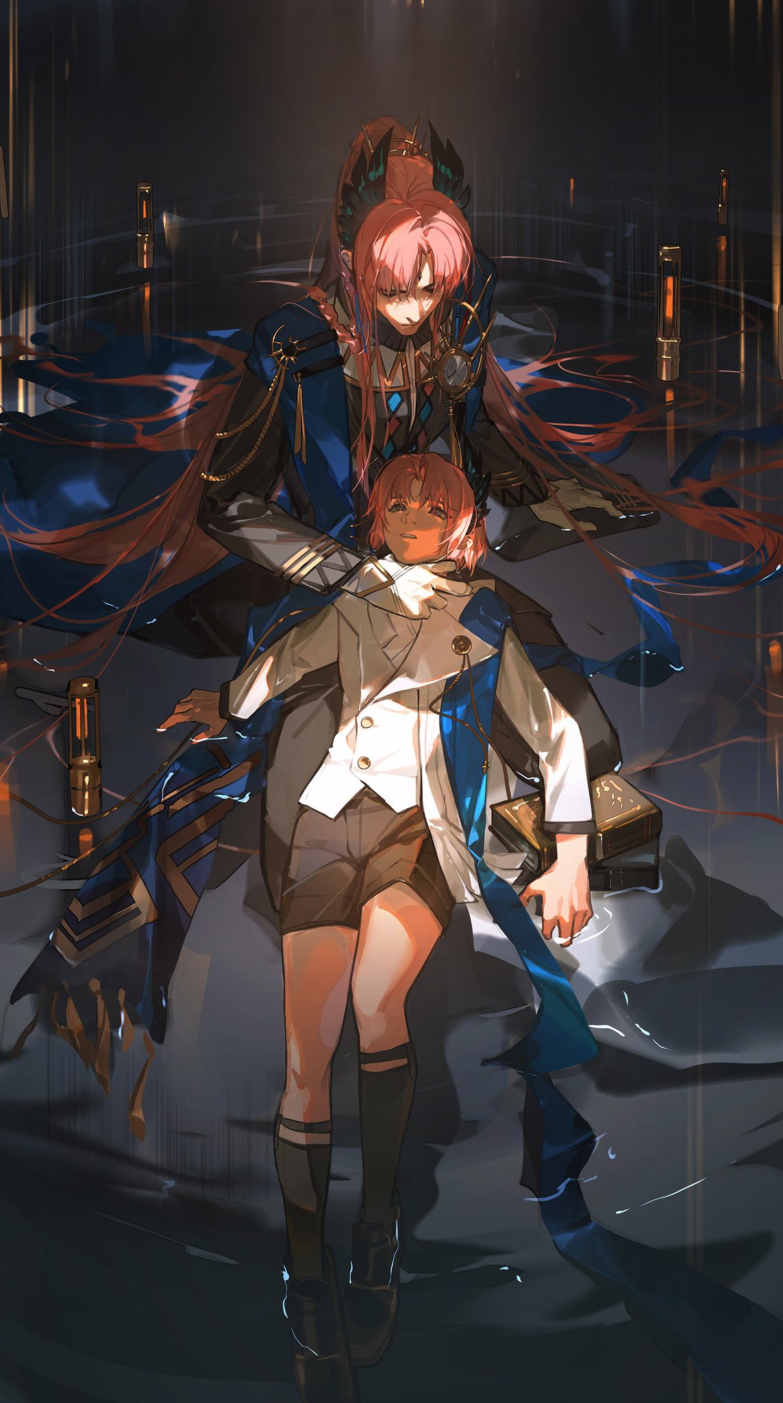 2boys afloat aged_down aiguillette akai_999 arknights black_footwear black_jacket black_pants black_socks blue_cape blue_eyes book braid brown_shorts cape clock closed_mouth dual_persona eye_contact forehead_jewel full_body gloves hair_ornament hair_spread_out hand_on_another's_neck head_wings highres jacket lamp legwear_garter loafers long_hair looking_at_another lying male_focus multiple_boys official_alternate_costume on_back pants parted_bangs parted_lips passenger_(arknights) passenger_(dream_in_a_moment)_(arknights) pink_hair ponytail reflection reflective_water seiza shirt shoes short_hair shorts side_braid sitting sitting_on_water socks spikes time_paradox very_long_hair wading water white_gloves white_jacket white_shirt