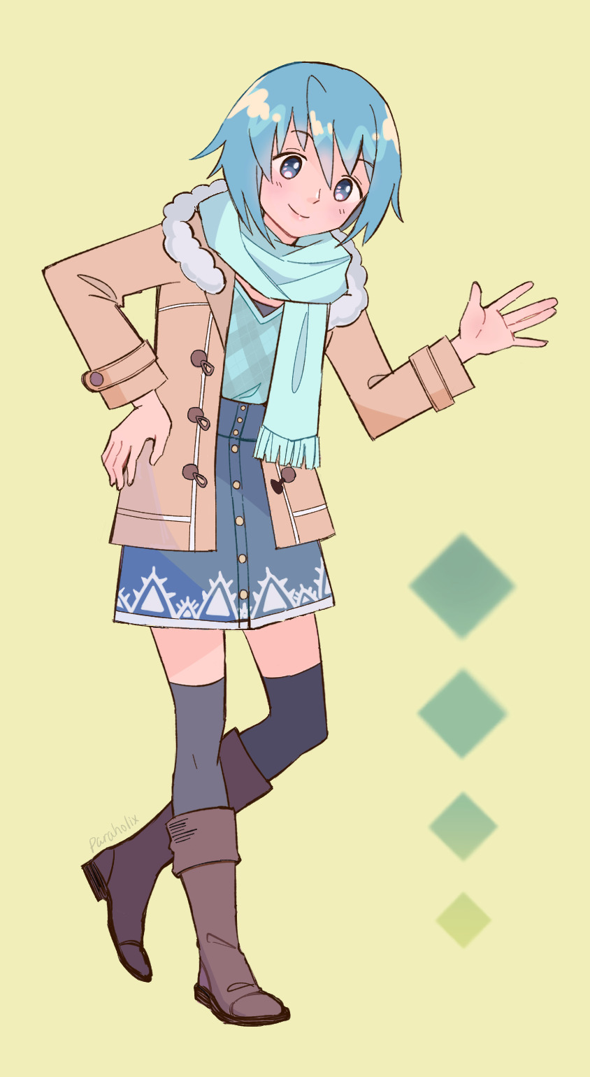 1girl argyle argyle_shirt artist_name blue_eyes blue_hair blue_scarf blue_shirt blue_skirt blue_thighhighs boots brown_footwear brown_jacket buttons closed_mouth denim denim_skirt fold-over_boots full_body hand_on_own_hip head_tilt heel_up highres hood hood_down hooded_jacket jacket lace-trimmed_skirt lace_trim long_sleeves magia_record:_mahou_shoujo_madoka_magica_gaiden mahou_shoujo_madoka_magica miki_sayaka miki_sayaka_(winter_costume) miniskirt official_alternate_costume paraholix scarf shirt short_hair simple_background skirt smile solo standing swept_bangs thigh-highs thighhighs_under_boots toggles waving yellow_background