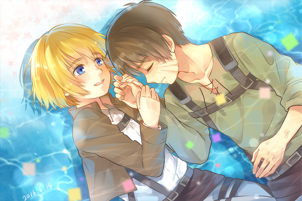 2boys armin_arlert belt blonde_hair blue_eyes brown_hair brown_jacket closed_eyes eren_yeager fingernails holding_hands jacket long_sleeves male_focus military military_uniform moxue_qianxi multiple_boys paradis_military_uniform shingeki_no_kyojin sleeping smile suspenders teeth uniform upper_teeth_only water