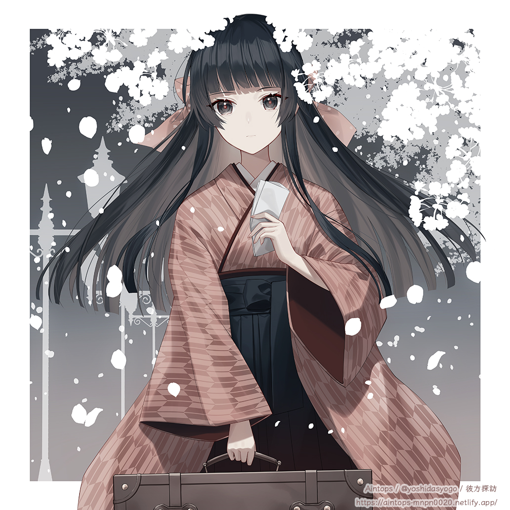 1girl black_eyes black_hair black_hakama brown_kimono closed_mouth commentary_request hakama hakama_skirt holding japanese_clothes kagachi_saku kimono long_sleeves original petals print_kimono skirt solo suitcase watermark web_address wide_sleeves yagasuri