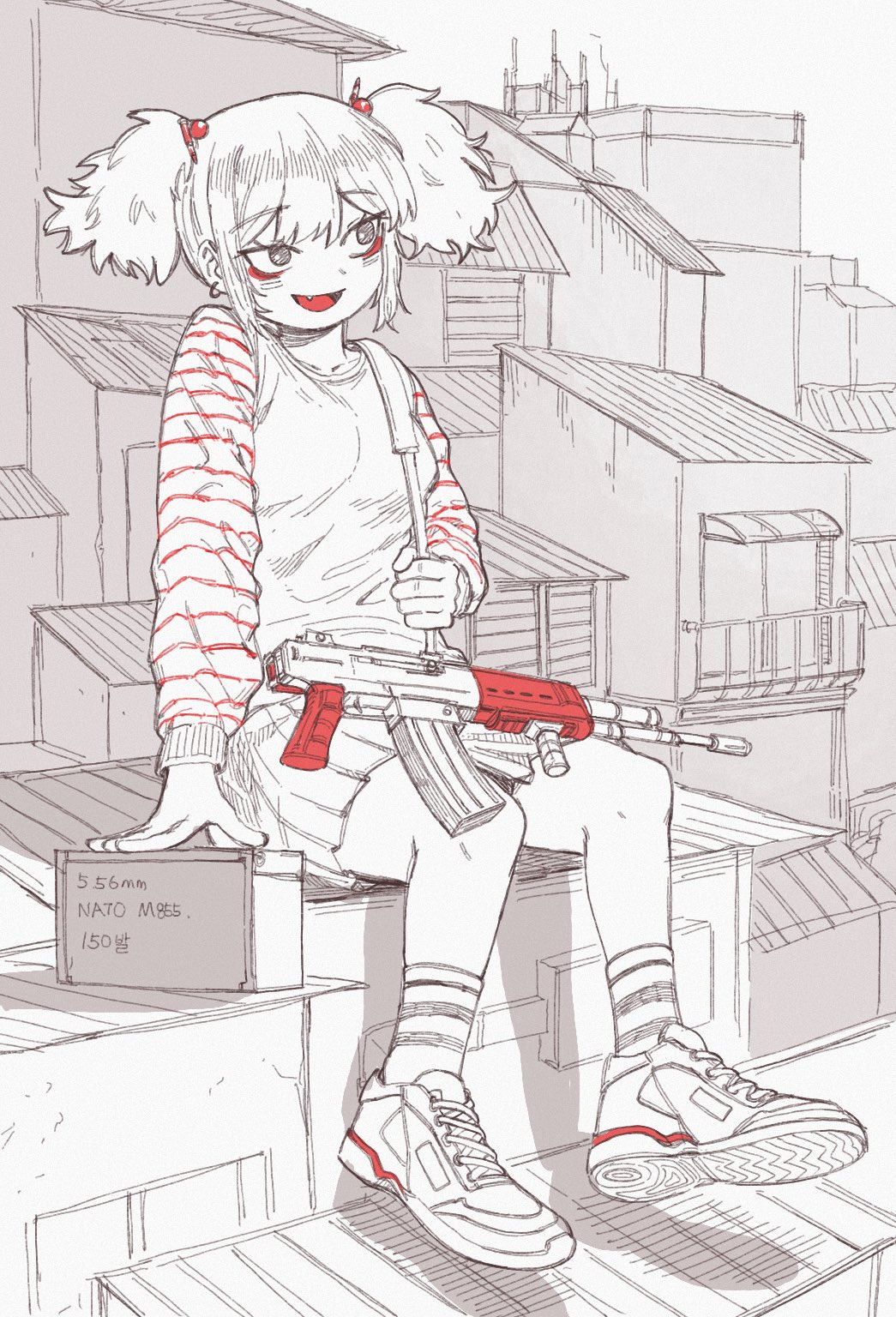 1girl :d ammunition_box breasts building commentary english_commentary fang grey_background gun highres holding looking_away monochrome original outdoors pleated_skirt powerdman rooftop shirt shoe_soles shoes sidelocks simple_background sitting skirt small_breasts smile socks solo striped_sleeves twintails weapon weapon_request window