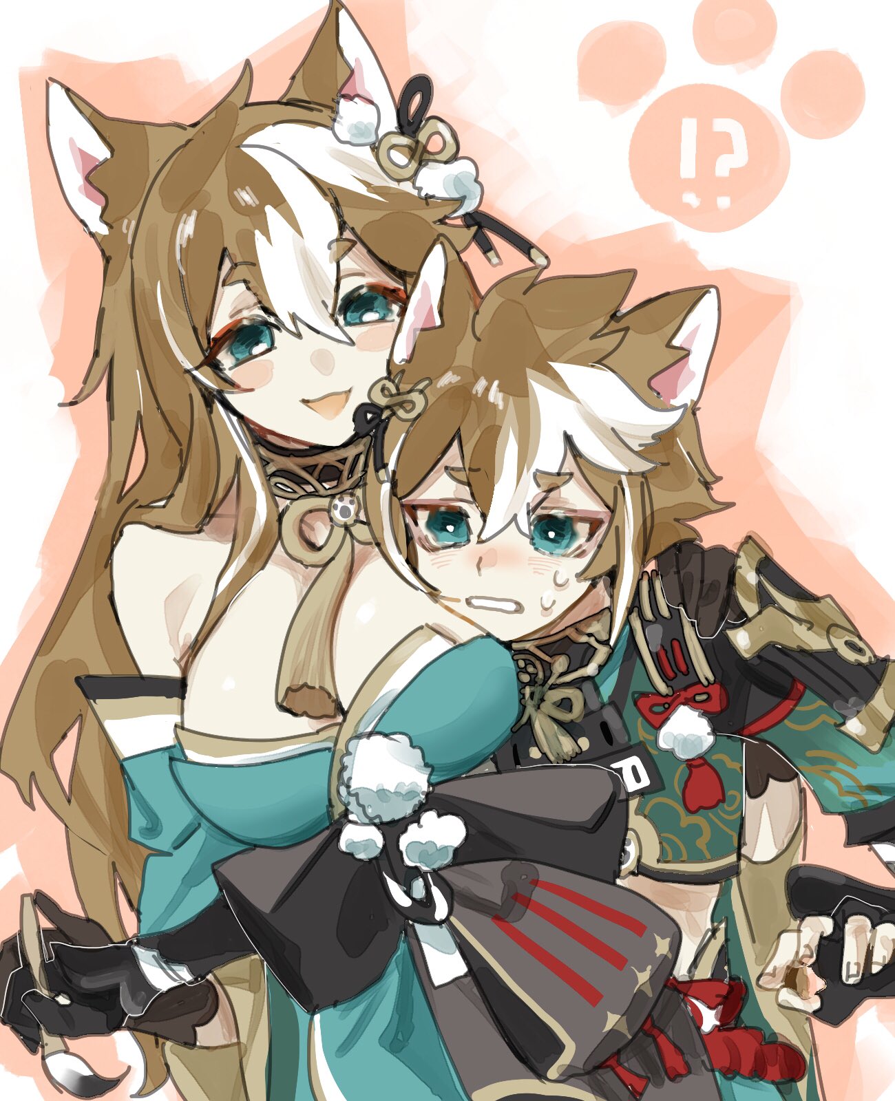 !? 1boy 1girl animal_ears aqua_dress aqua_eyes arm_around_shoulder bare_shoulders black_gloves breasts crop_top detached_sleeves dog_boy dog_ears dog_girl dress fingerless_gloves genderswap genderswap_(mtf) genshin_impact gloves gorou_(genshin_impact) hair_between_eyes hand_on_another's_shoulder highres hina_(genshin_impact) igote japanese_clothes large_breasts long_hair multicolored_hair orange_hair parted_lips smile streaked_hair sweatdrop talesofmea upper_body white_hair