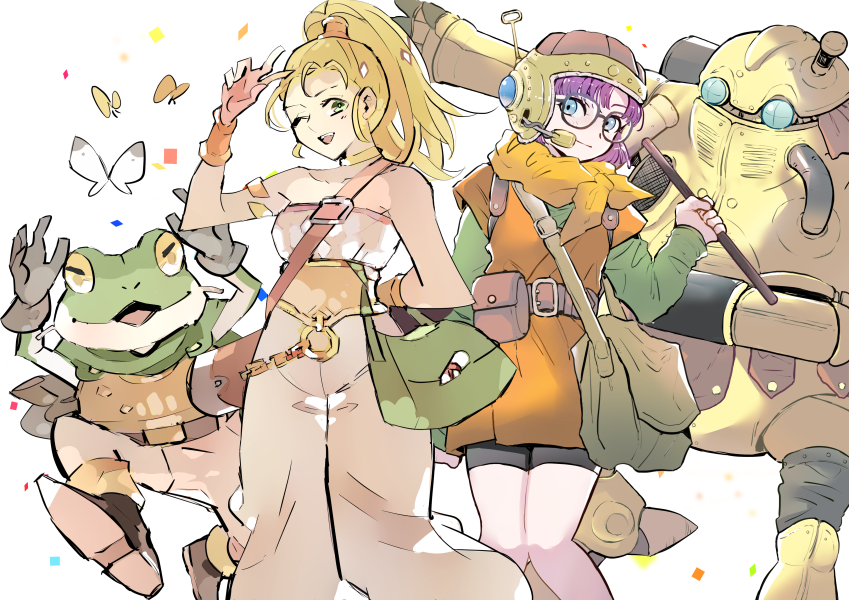 2boys 2girls blonde_hair blue_eyes breasts cape chrono_trigger closed_mouth frog_(chrono_trigger) glasses helmet jewelry long_hair looking_at_viewer lucca_ashtear marle_(chrono_trigger) multiple_boys multiple_girls oisiokayu one_eye_closed open_mouth ponytail purple_hair robo_(chrono_trigger) scarf short_hair simple_background smile weapon white_background