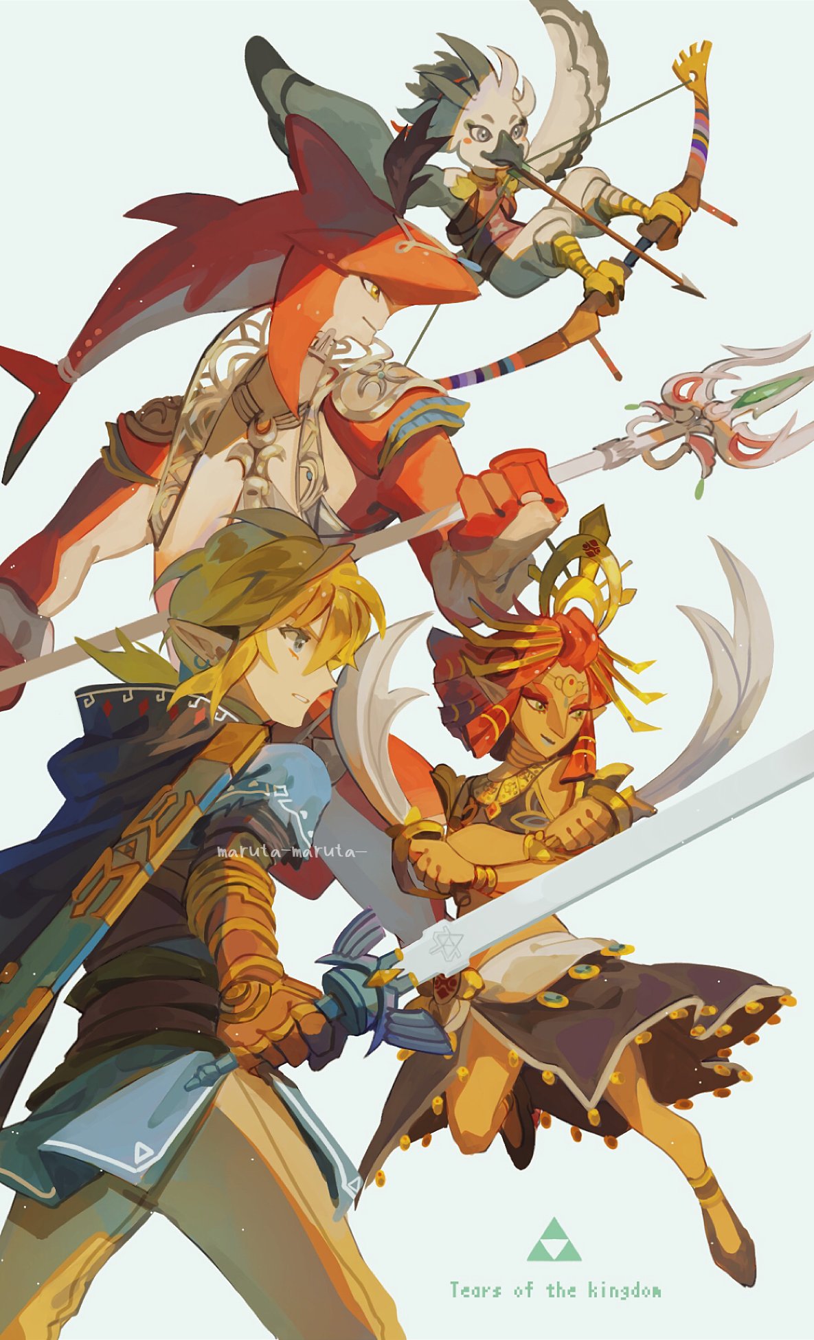 1girl 3boys armlet arrow_(projectile) bare_shoulders bird_boy black_cape black_cloak blue_eyes bow_(weapon) cape champion's_tunic_(zelda) chest_jewel cloak colored_skin crop_top dark-skinned_female dark_skin dual_wielding earrings feathers fish_boy gauntlets gerudo gloves green_eyes headpiece highres holding holding_bow_(weapon) holding_sword holding_trident holding_weapon hood hooded_cape hooded_cloak jewelry leather leather_gloves link long_nose maruta_maruta master_sword midriff multiple_boys neck_ring pants pointy_ears red_skin redhead riju rito scimitar short_hair short_ponytail shoulder_plates sidelocks sidon sword the_legend_of_zelda the_legend_of_zelda:_tears_of_the_kingdom tulin_(zelda) weapon white_feathers white_pants yellow_eyes zora