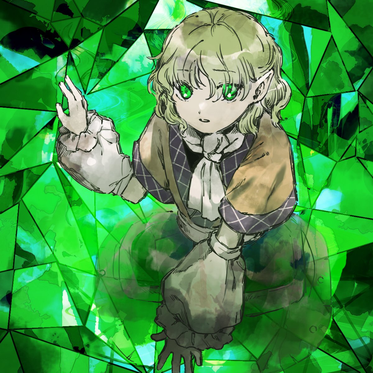 1girl arm_warmers black_skirt blonde_hair brown_shirt crystal green_eyes highres kaigen_1025 mizuhashi_parsee open_mouth pointy_ears scarf shirt short_hair skirt solo touhou white_scarf