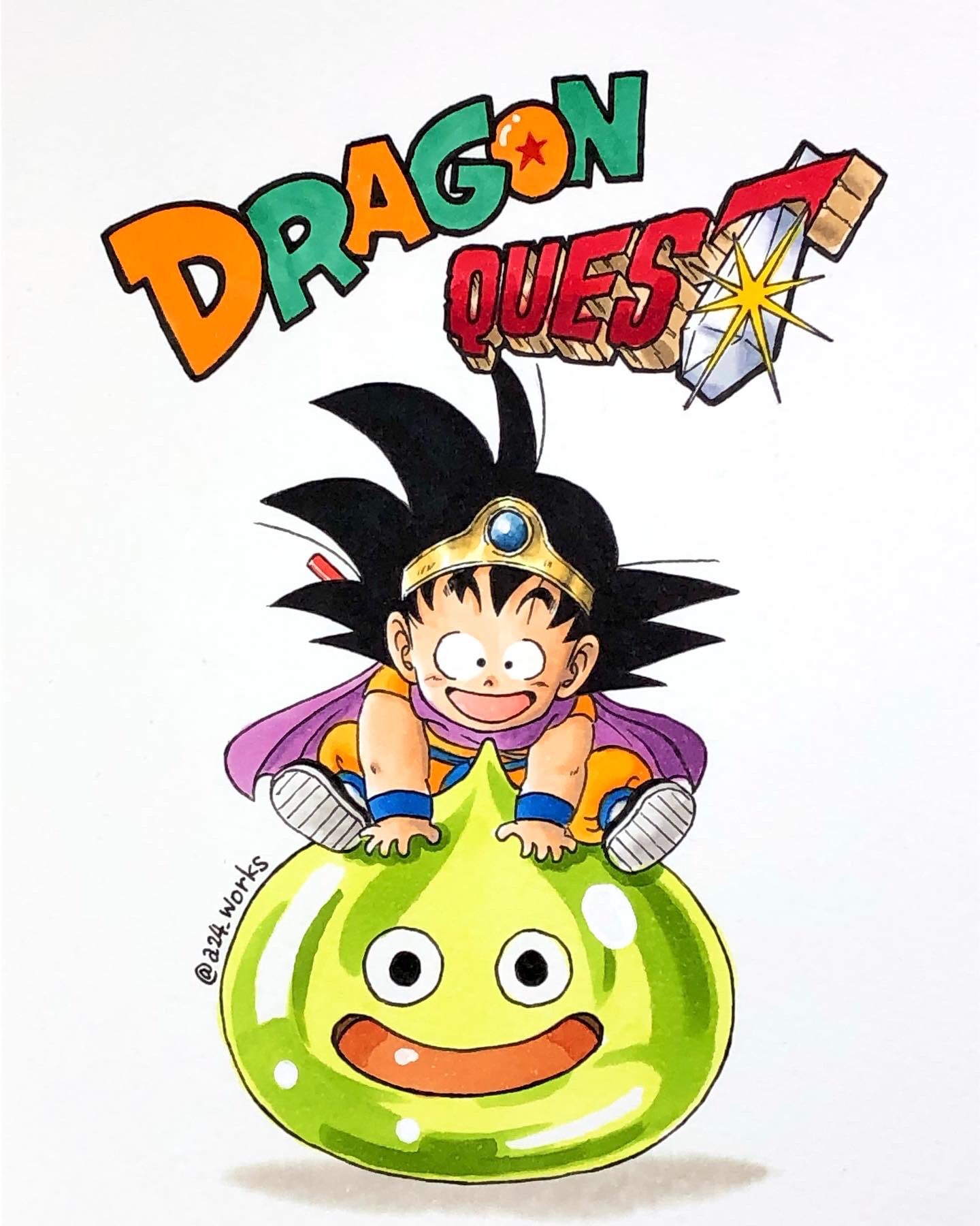 a24wks black_eyes black_hair cape circlet commentary_request copyright_name cosplay creator_connection crossover dougi dragon_ball dragon_ball_(classic) dragon_quest dragon_quest_iii hero_(dq3) hero_(dq3)_(cosplay) highres marker_(medium) nyoibo open_mouth purple_cape signature sitting sitting_on_person slime_(dragon_quest) smile son_goku traditional_media