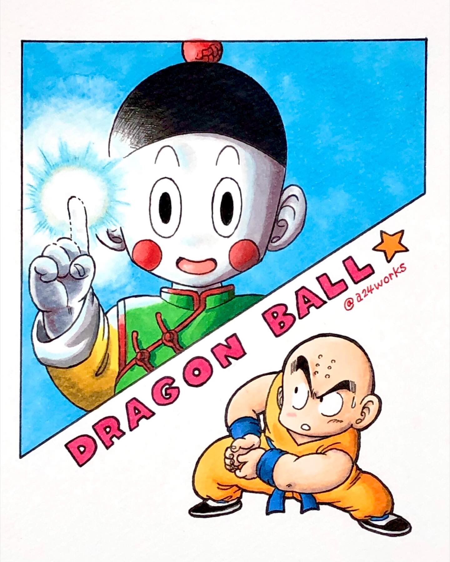 2boys a24wks bald black_eyes blush_stickers chaozu chinese_clothes colored_skin commentary copyright_name dougi dragon_ball dragon_ball_(classic) facial_mark forehead_mark highres index_finger_raised kamehameha kuririn male_focus marker_(medium) multiple_boys official_style open_mouth smile squatting star_(symbol) sweatdrop toriyama_akira_(style) traditional_media twitter_username white_skin