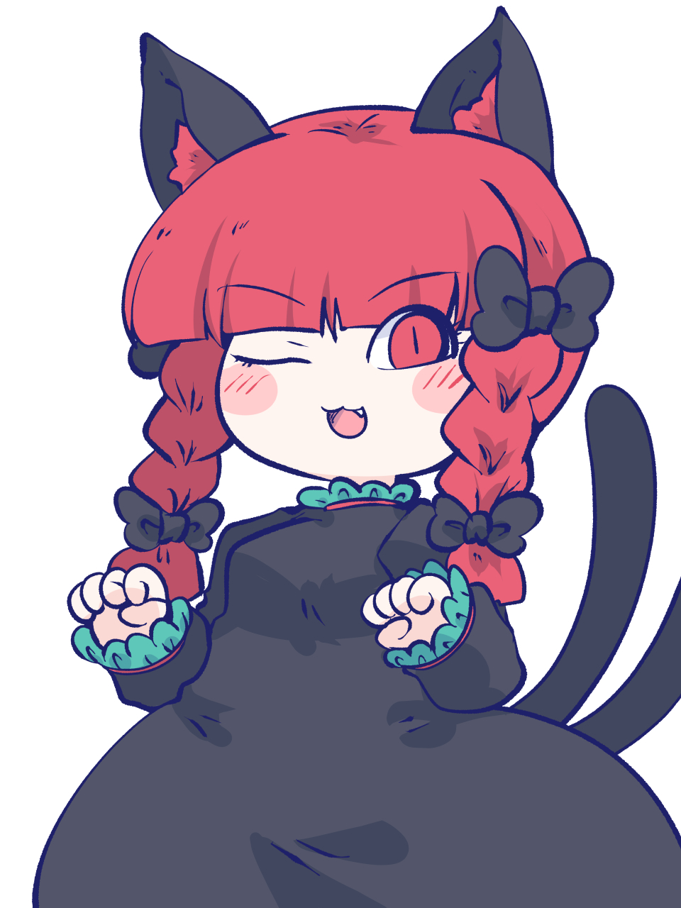 1girl ;3 ;d animal_ears black_bow black_dress bow braid cat_ears cat_girl cat_tail chahan_(fried_rice0614) dress fang hair_bow highres kaenbyou_rin long_sleeves multiple_tails nekomata one_eye_closed open_mouth red_eyes redhead side_braids simple_background smile solo tail touhou twin_braids two_tails white_background