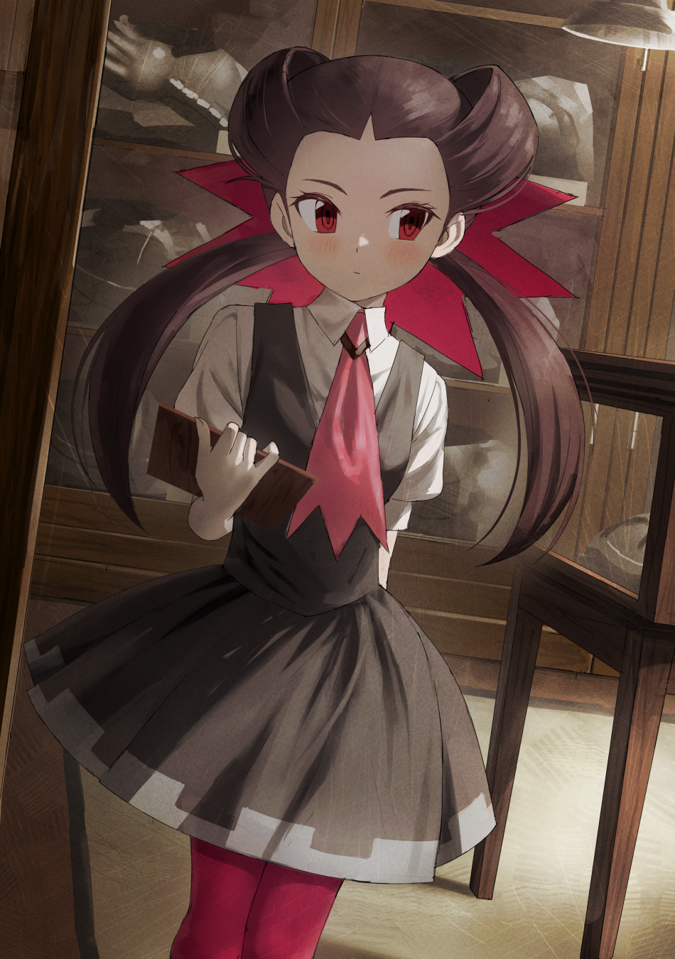 1girl ascot blush brown_hair clipboard closed_mouth collared_shirt commentary_request dress eyelashes fagi_(kakikaki) fossil hair_ribbon highres holding holding_clipboard indoors long_hair museum pantyhose pokemon pokemon_(game) pokemon_oras red_eyes ribbon roxanne_(pokemon) shirt short_sleeves solo standing twintails