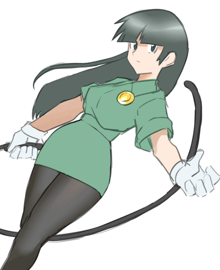 1girl black_eyes black_hair breasts closed_mouth dress feet_out_of_frame gloves green_dress holding holding_whip long_hair looking_at_viewer pantyhose pokemon pokemon_(game) pokemon_rgby sabrina_(pokemon) simple_background skirt solo ukimukai white_background white_gloves