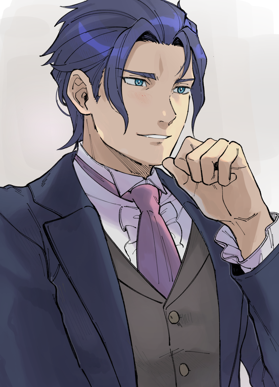 1boy ace_attorney aged_down barok_van_zieks black_jacket blue_eyes blue_hair center_frills collared_shirt finger_to_own_chin formal frills highres jacket long_sleeves male_focus necktie pink_necktie shirt short_hair simple_background smile solo the_great_ace_attorney the_great_ace_attorney_2:_resolve upper_body wahootarou white_shirt