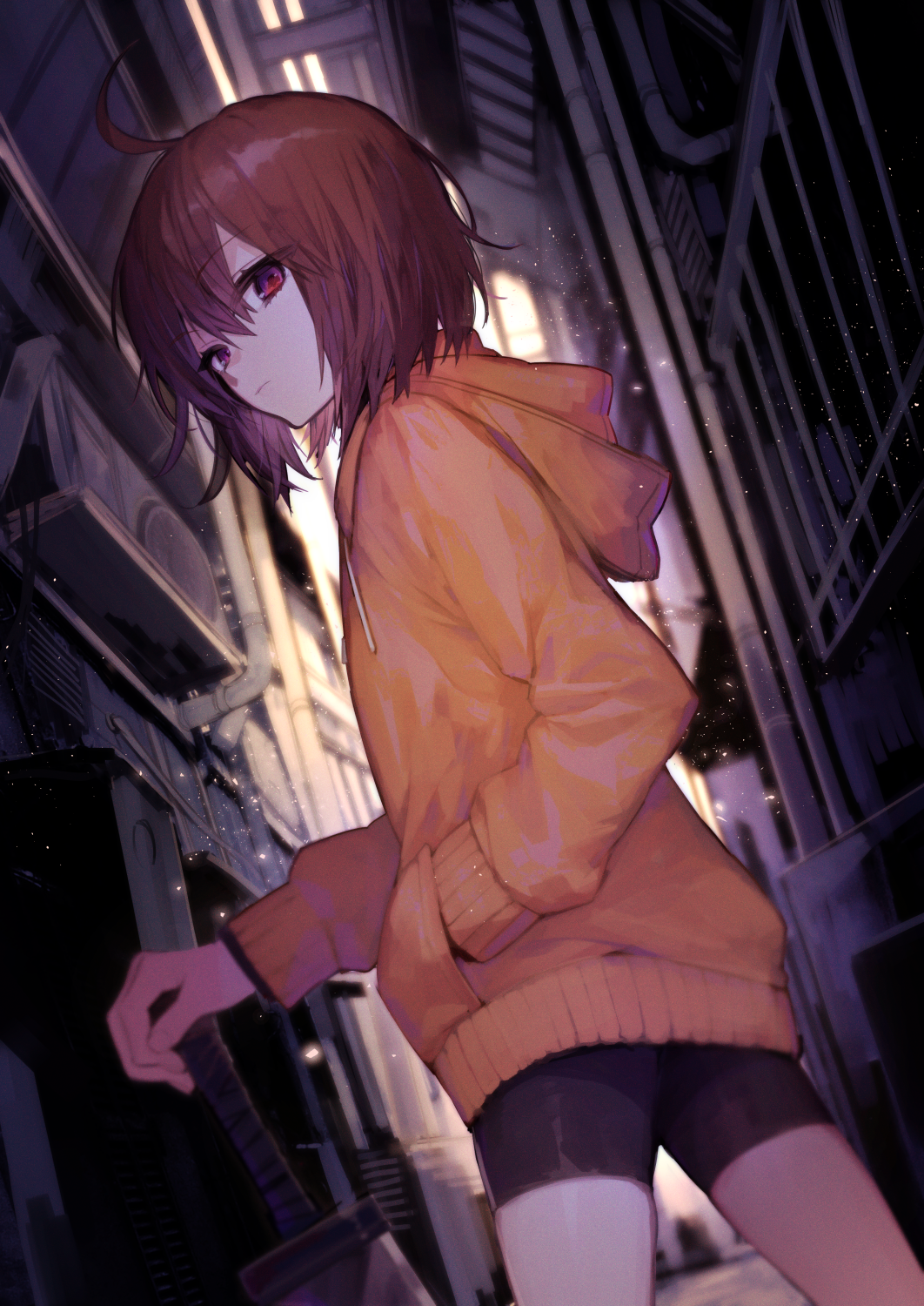 1girl ahoge air_conditioner alley bike_shorts brown_hair closed_mouth commentary_request cowboy_shot drainpipe drawstring feet_out_of_frame hair_between_eyes hand_in_pocket highres holding holding_sword holding_weapon hood hood_down hoodie linne long_sleeves looking_at_viewer outdoors red_eyes short_hair solo suzunashi sword under_night_in-birth weapon yellow_hoodie