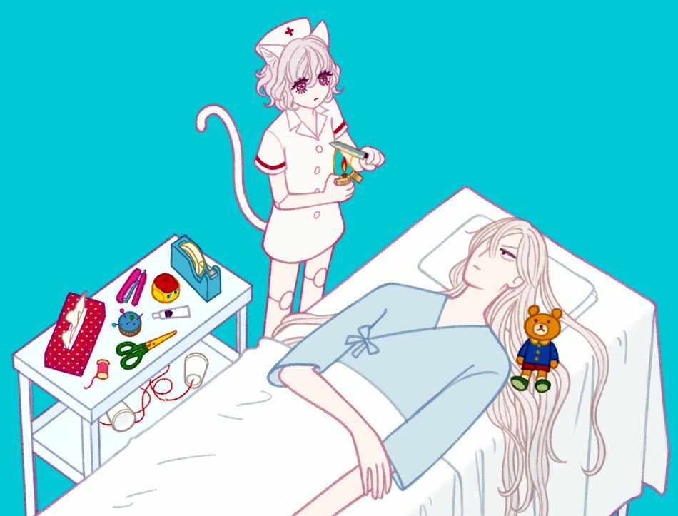 2others animal_ears bed bella_scottland cat_ears cat_tail chimera_ant cross dress duct_tape hair_over_one_eye hat holding holding_knife holding_lighter hospital_bed hospital_gown hunter_x_hunter joints kite_(hunter_x_hunter) knife lighter long_hair looking_at_another lying multiple_others needle neferpitou nurse nurse_cap on_bed paper red_cross scissors short_hair simple_background stapler stuffed_animal stuffed_toy tail teddy_bear toy violet_eyes white_background white_hair