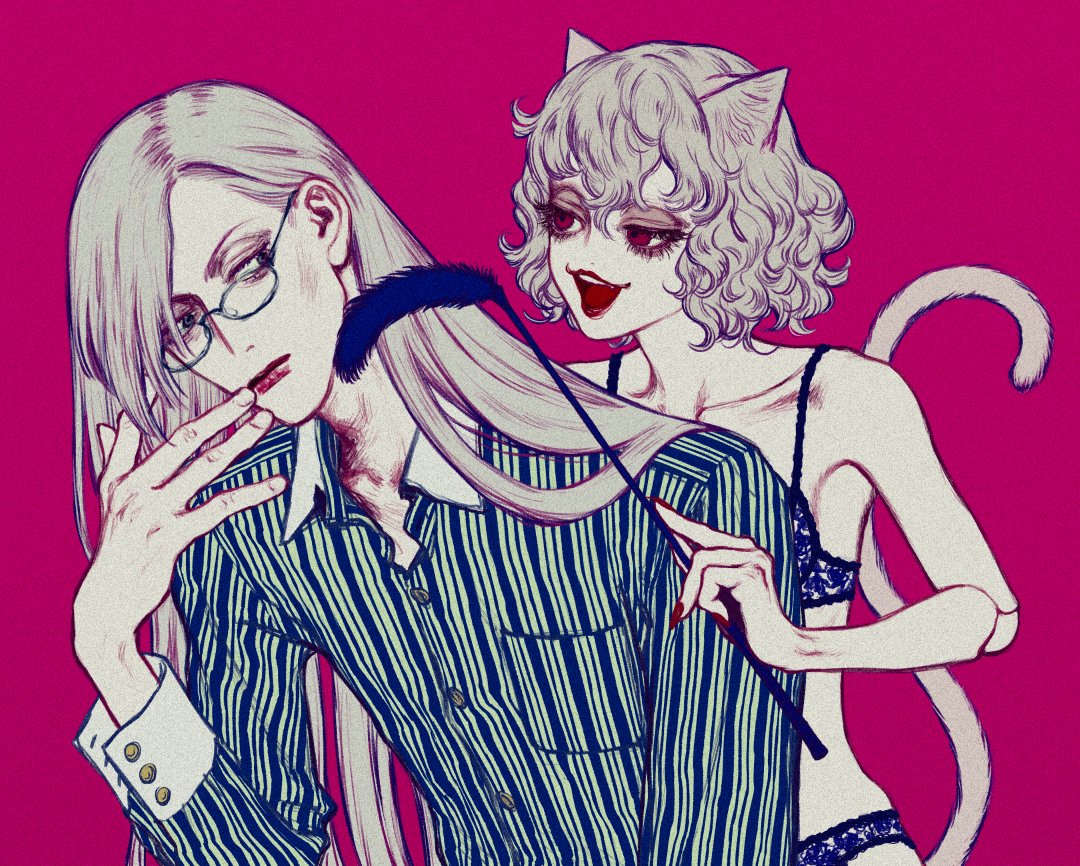 2others androgynous animal_ears bella_scottland blue_bra blue_eyes blue_panties bra cat_ears cat_tail chimera_ant collared_shirt curly_hair glasses hair_between_eyes hand_on_own_face hunter_x_hunter joints kite_(hunter_x_hunter) lipstick long_hair long_sleeves looking_at_another makeup multiple_others neferpitou nude other_focus panties purple_background red_eyes red_lips see-through_bra see-through_panties shirt short_hair simple_background smile striped striped_shirt tail tickling underwear white_hair
