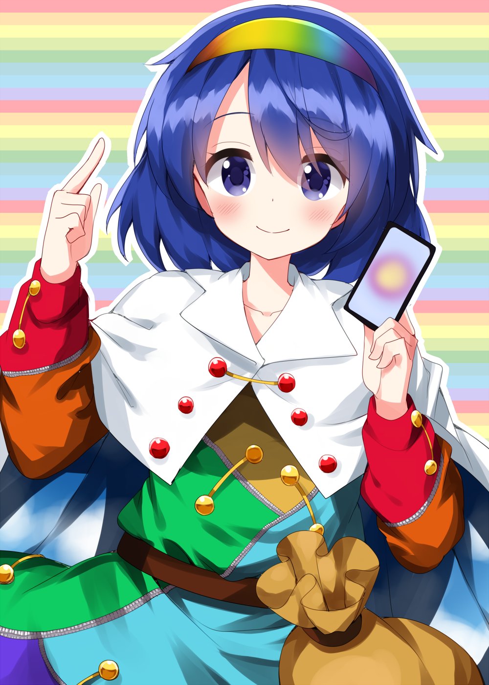 1girl ability_card_(touhou) bag belt blue_background blue_dress blue_hair blue_hairband blue_sky blush brown_bag brown_belt brown_hairband buttons card cloak cloud_print clouds cloudy_sky collarbone dress green_background green_dress green_hairband hair_between_eyes hairband hands_up highres holding holding_card index_finger_raised long_sleeves looking_at_viewer multicolored_background multicolored_hairband one-hour_drawing_challenge orange_background orange_dress patchwork_clothes pink_background puffy_long_sleeves puffy_sleeves purple_background purple_dress purple_hairband rainbow_gradient red_dress ruu_(tksymkw) short_hair sky sky_print smile solo standing tenkyuu_chimata touhou violet_eyes white_cloak wing_collar yellow_background yellow_dress yellow_hairband zipper