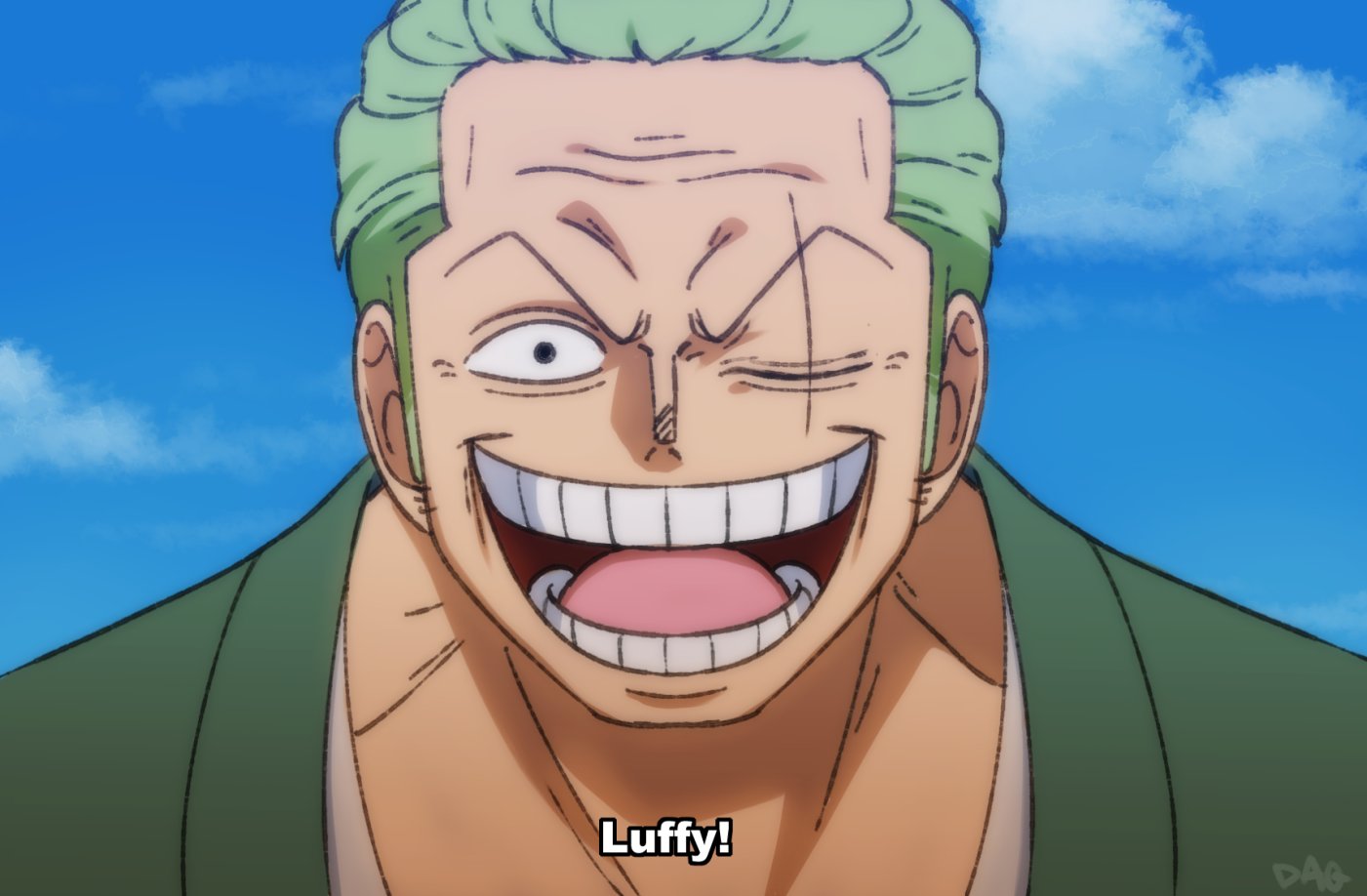 1boy :d aged_up alternate_hairstyle close-up dagsop derivative_work green_hair hair_slicked_back looking_at_viewer male_focus one_piece roronoa_zoro scar scar_across_eye screencap_redraw short_hair smile solo subtitled wrinkled_skin