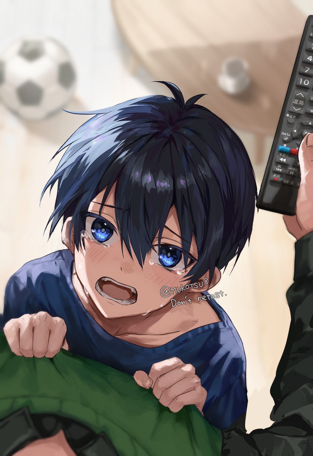 2boys aged_down ball black_hair blue_eyes blue_lock blue_shirt blurry blurry_background blush child controller crying cup father_and_son green_sweater_vest highres holding isagi_issei isagi_yoichi male_child male_focus mukotsu8 multiple_boys open_mouth remote_control shirt soccer_ball sweater_vest table tears twitter_username