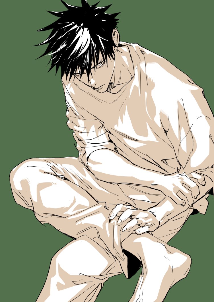 1boy barefoot black_hair closed_mouth green_background juju_net jujutsu_kaisen long_sleeves male_focus pants partially_colored solo sweater