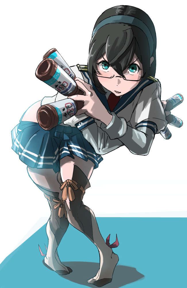 1girl between_fingers black-framed_eyewear black_hair blue_sailor_collar blue_skirt blush bottle commentary_request double-parted_bangs energy_drink full_body glasses green_eyes hair_between_eyes hairband hands_up hip_vent holding juliet_sleeves kantai_collection knees_together_feet_apart leaning_forward long_bangs long_hair long_sleeves looking_at_viewer megakura_kinshi miniskirt necktie ooyodo_(kancolle) parted_lips pigeon-toed pleated_skirt puffy_sleeves red_necktie sailor_collar school_uniform semi-rimless_eyewear serafuku skirt solo thigh-highs under-rim_eyewear zettai_ryouiki