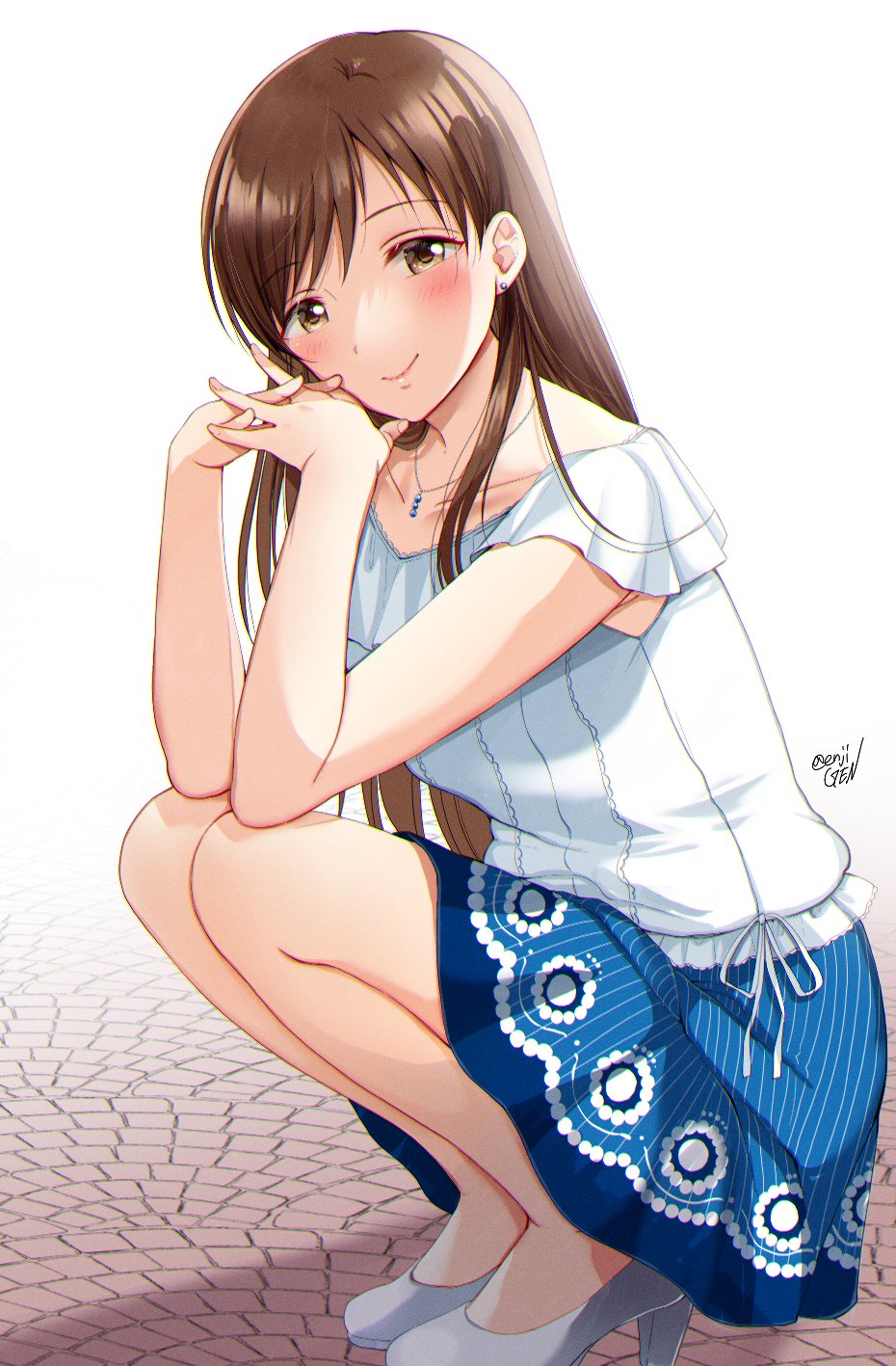 1girl blue_skirt blurry blurry_background blush breasts brown_eyes brown_hair closed_mouth collarbone ear_piercing gen_(enji) high_heels highres idolmaster idolmaster_cinderella_girls idolmaster_cinderella_girls_starlight_stage interlocked_fingers jewelry long_hair looking_at_viewer medium_breasts necklace nitta_minami pavement piercing shirt short_sleeves signature skirt smile solo squatting white_background white_shirt