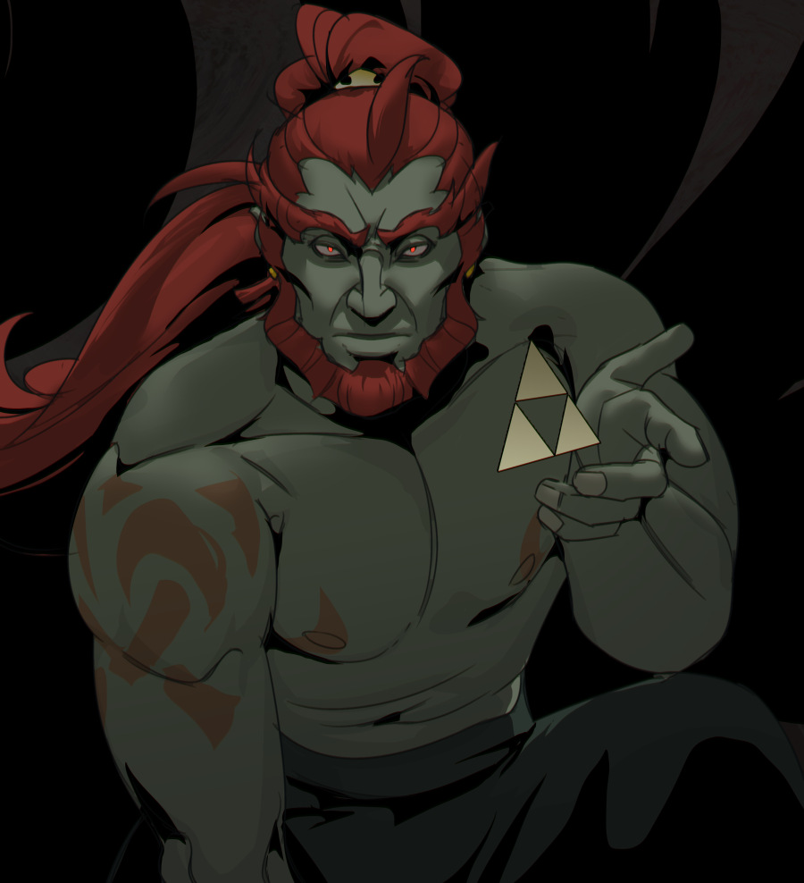 1boy abs armlet beard bunabi clothes_down colored_skin facial_hair feet_out_of_frame ganondorf glowing glowing_eyes gold green_skin hand_up huge_eyebrows long_hair looking_at_viewer male_focus mature_male muscular muscular_male navel nipples official_alternate_costume on_one_knee orange_hair pectorals serious solo stomach tattoo the_legend_of_zelda the_legend_of_zelda:_tears_of_the_kingdom thick_eyebrows topless_male wrinkled_skin