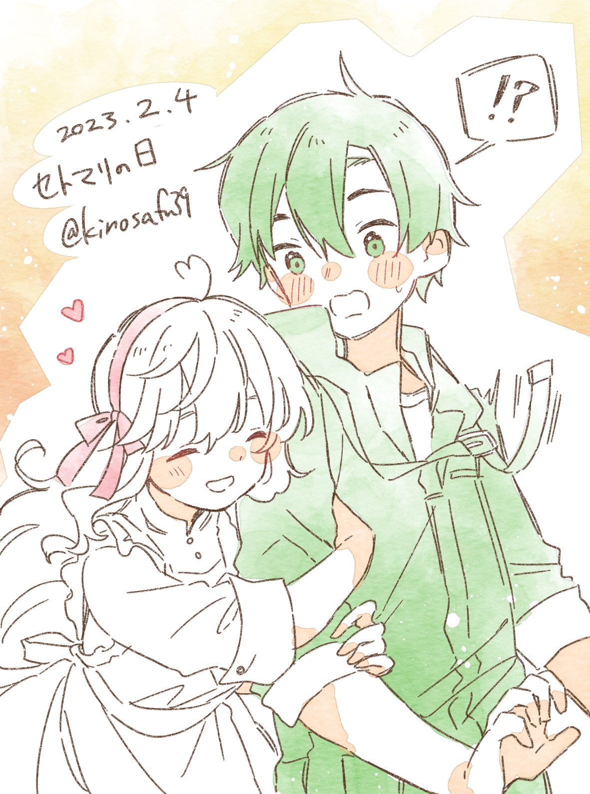 !? 1boy 1girl :d ahoge alternate_eye_color alternate_hair_color apron arm_hug bangs_pinned_back blush blush_stickers buckle buttons character_name closed_eyes collared_dress commentary couple dated double-parted_bangs dress facing_viewer frilled_apron frills green_eyes green_hair green_jumpsuit hair_ornament hairband hairclip heart heart_ahoge height_difference hetero highres hood hood_down hooded_jumpsuit jumpsuit kagerou_project kozakura_marry long_hair mandarin_collar mekakucity_actors motion_lines multicolored_background nose_blush open_mouth orange_background pastel_colors pink_hairband pink_ribbon ribbon sa-fu_(sfmk39) seto_kousuke shirt short_hair sleeve_cuffs sleeves_rolled_up smile spoken_interrobang surprised sweat twitter_username upper_body wavy_hair wavy_mouth white_apron white_background white_dress white_hair white_shirt