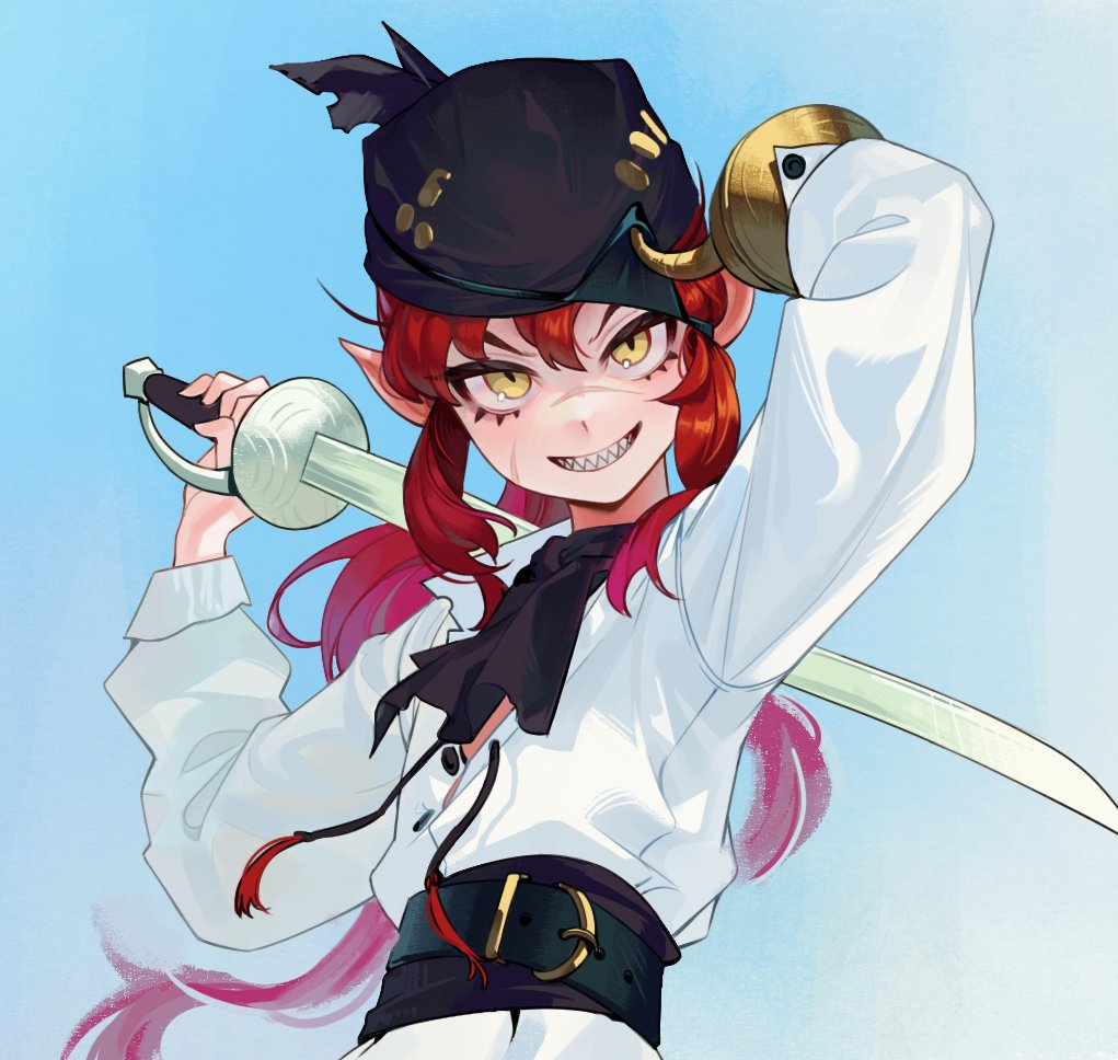 1girl black_headwear commentary eyepatch eyepatch_lift gemi_ningen gradient_background grin handkerchief holding_hands hook_hand long_hair long_sleeves original petite pirate puffy_sleeves rapier redhead scar scar_on_cheek scar_on_face scar_on_nose sharp_teeth simple_background slit_pupils smile solo sword sword_behind_back symbol-only_commentary teeth weapon yellow_eyes