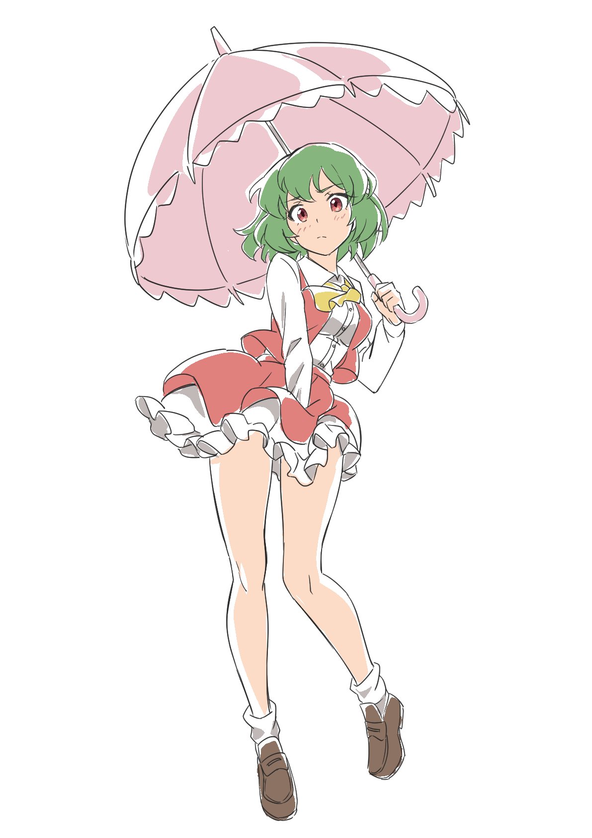 1girl ascot collared_shirt dress full_body green_hair gyouza_(mhea5724) highres holding holding_umbrella kazami_yuuka long_sleeves looking_at_viewer open_clothes open_vest parasol red_dress red_skirt red_vest shirt short_hair simple_background skirt socks thighs touhou umbrella vest white_background white_shirt white_socks yellow_ascot
