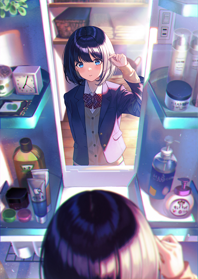 1girl adjusting_hair basket bathroom black_hair blazer blue_eyes blush bow bowtie breasts buttons clock closed_mouth collared_shirt commentary_request cowboy_shot dappled_sunlight day dress_shirt electrical_outlet from_above from_behind indoors jacket laundry_basket light_switch looking_at_mirror mirror mole mole_under_eye open_clothes open_jacket original plaid plaid_bow plaid_bowtie red_bow red_bowtie reflection school_uniform shirt short_hair small_breasts soap_bottle solo straight_hair sunlight sweater_vest towel uniform unowen white_shirt wooden_floor yellow_sweater_vest