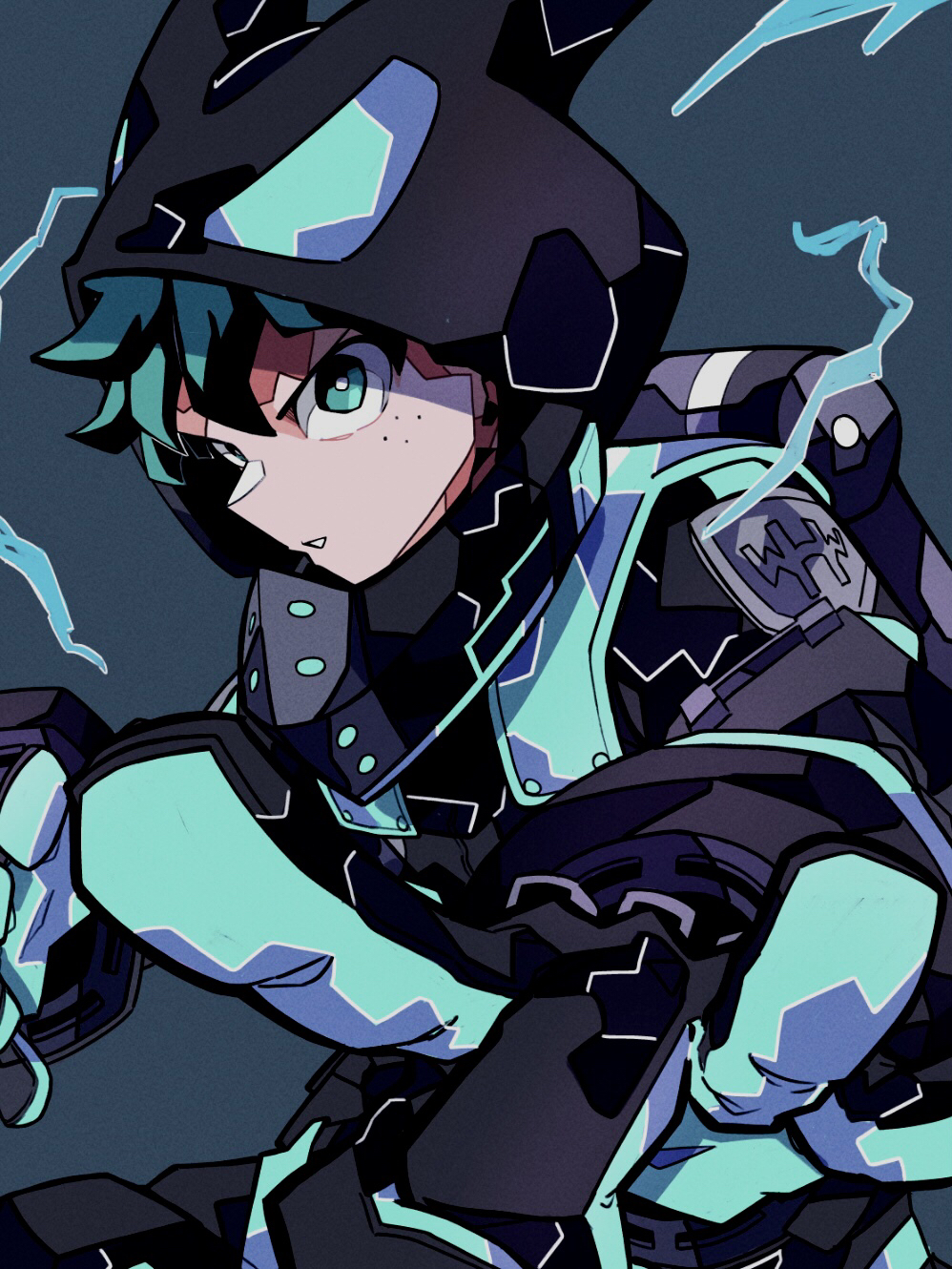 1boy aqua_gloves badge black_bodysuit black_gloves black_outline blue_background bodysuit boku_no_hero_academia bright_pupils cel_shading commentary electricity film_grain flick foreshortening freckles from_side gloves green_eyes green_hair hands_up head_down highres hood hood_up hooded_bodysuit ligne_claire looking_at_viewer looking_to_the_side male_focus midoriya_izuku neon_trim official_alternate_costume outline outstretched_arms parted_lips profile shade shion_(1016_shio) short_hair sideways_glance sideways_mouth simple_background solo upper_body v-shaped_eyebrows white_pupils