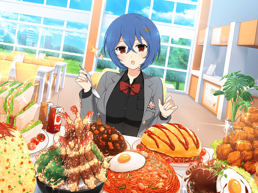 1girl amane_(senran_kagura) apple apple_juice blue_hair blush bow bowl bread breasts cafeteria carton chair cityscape clouds counter curry curry_rice day drink drinking_straw egg food fried_chicken fried_rice fruit glass grass hair_ornament hairpin holding indoors jacket juice_box ketchup large_breasts lettuce looking_at_viewer meat menu menu_board mountainous_horizon mushroom noodles official_art omelet omurice open_clothes open_jacket open_mouth parsley pasta plant plate red_eyes rice sandwich sauce sausage school_uniform senran_kagura senran_kagura_new_link shirt short_hair shrimp shrimp_tempura sitting solo spaghetti spoon sunlight surprised table tempura tomato tree yaegashi_nan