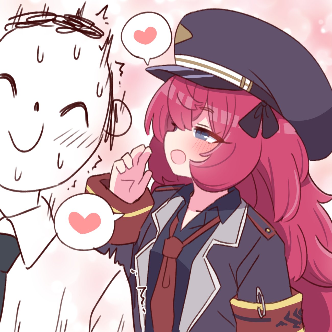 1boy 1girl :d armband arona's_sensei_doodle_(blue_archive) black_headwear black_jacket black_shirt blue_archive blue_eyes blush collared_shirt commentary_request error hair_between_eyes half-closed_eyes hat heart highres iroha_(blue_archive) jacket long_hair long_sleeves naga_u necktie no_halo open_clothes open_jacket peaked_cap red_necktie redhead safety_pin sensei_(blue_archive) shirt sleeves_past_wrists smile spoken_heart upper_body very_long_hair whispering