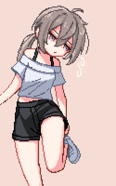 1girl ahoge bare_shoulders black_shorts breasts girls_frontline grey_hair hair_between_eyes m200_(girls'_frontline) midriff off-shoulder_shirt off_shoulder pixel_art ponytail putting_on_shoes shirt shorts simple_background small_breasts solo violet_eyes white_footwear white_shirt yiricannon