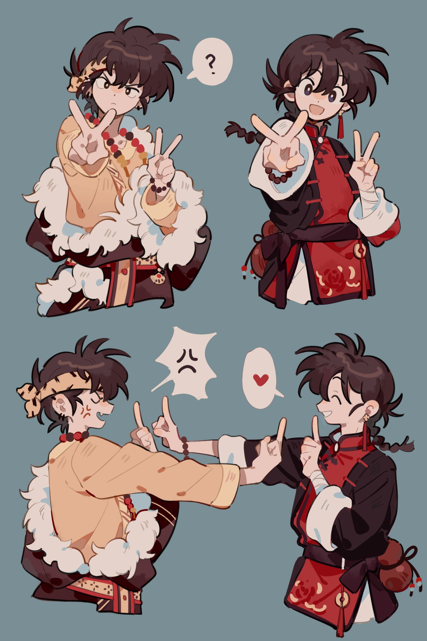 2boys :d ? adapted_costume anger_vein bead_bracelet bead_necklace beads bracelet braid chinese_clothes cropped_torso dancing double_v earrings facing_another fang frown fur_trim hands_up head_tilt heart hibiki_ryouga highres index_finger_raised index_fingers_raised jewelry koi_dance long_hair long_sleeves looking_at_viewer male_focus middle_finger multiple_boys multiple_earrings multiple_views necklace o-ring outstretched_arm profile ranma_1/2 reaching_towards_viewer robe saotome_ranma sash short_hair single_braid single_earring siyer_(siyeyeyeyer) skin_fang smile spoken_heart spoken_question_mark tassel tassel_earrings toggles v yaopei