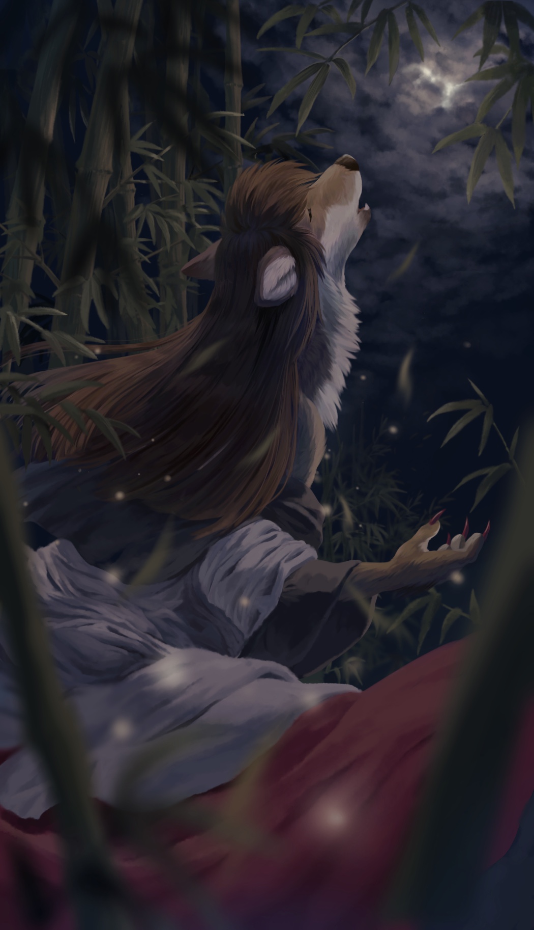 1girl animal_ears bamboo bamboo_forest brown_hair claws closed_eyes clouds cloudy_sky commentary_request cowboy_shot dress forest furry furry_female highres howling imaizumi_kagerou long_hair nature night open_mouth red_skirt satellitedragon skirt sky solo touhou werewolf white_dress wolf_ears wolf_girl