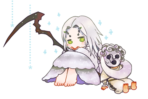 1girl 1other barefoot chibi chosen_undead commentary_request covering_mouth dark_souls_(series) dark_souls_i dragon_girl full_body green_eyes kanon_(rsl) long_hair lowres mask masked parted_bangs priscilla_the_crossbreed robe scythe sitting white_background white_hair white_robe