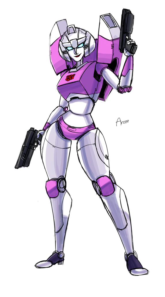 1girl arcee autobot backpack bag blue_eyes breasts colored_skin curvy dual_wielding gun handgun helmet holding humanoid_robot medium_breasts narrow_waist panties pink_panties red_lips robot simple_background solo thick_thighs thighs transformers underwear weapon white_background white_skin
