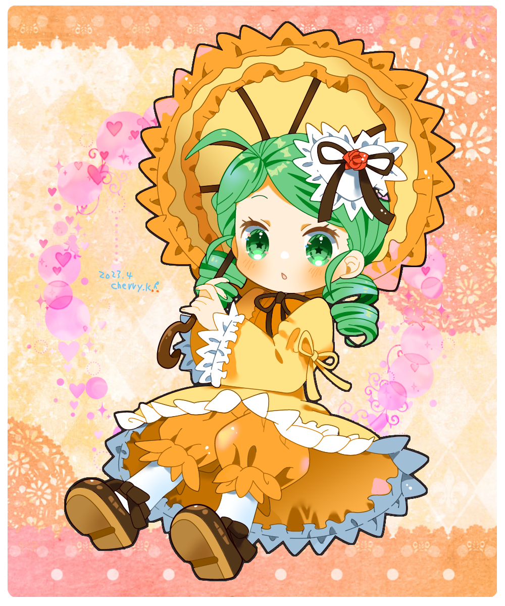1girl ahoge blush border brown_footwear brown_ribbon coat commentary_request dated drill_hair expressionless flower frilled_sleeves frills full_body green_eyes green_hair hair_ornament heart heart_hair_ornament highres kanaria kusunoki_cherry lolita_fashion looking_at_viewer mary_janes medium_hair neck_ribbon open_mouth orange_romper orange_umbrella pantyhose parasol red_flower red_rose ribbon rose rozen_maiden shoes sleeve_ribbon solo star-shaped_pupils star_(symbol) swept_bangs symbol-shaped_pupils twin_drills umbrella white_border white_pantyhose yellow_coat yellow_ribbon