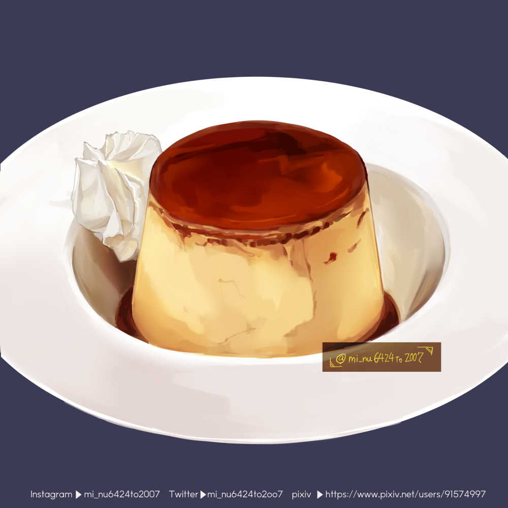 artist_name food food_focus grey_background mi_nu6424to2 no_humans original plate pudding simple_background still_life twitter_username web_address whipped_cream