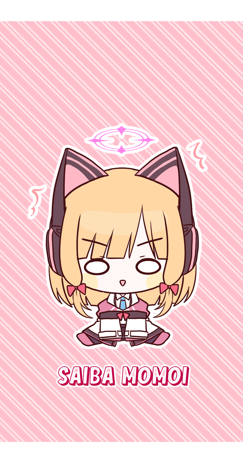 1girl :&gt; ^^^ animal_ear_headphones animal_ears black_skirt blonde_hair blue_archive blue_necktie blush_stickers bow chibi collared_shirt diagonal_stripes fake_animal_ears full_body hair_bow halo headphones highres jacket long_hair long_sleeves looking_at_viewer momoi_(blue_archive) necktie off_shoulder outline pink_background pink_footwear pleated_skirt red_bow seno_(senohime) shirt shoes sidelocks sitting skirt sleeves_past_fingers sleeves_past_wrists solo striped striped_background suspender_skirt suspenders triangle_mouth v-shaped_eyebrows white_jacket white_outline white_shirt wide_oval_eyes wide_sleeves