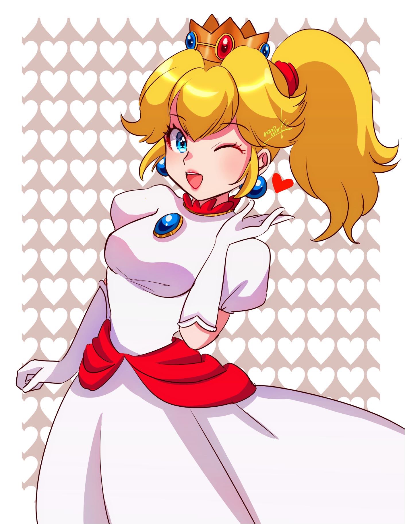 1girl blonde_hair blue_eyes crown dress earrings elbow_gloves fire_peach gloves heart highres jewelry lips long_hair looking_at_viewer nonoworks one_eye_closed open_mouth patterned_background ponytail princess_peach solo super_mario_bros. teeth upper_teeth_only white_dress white_gloves
