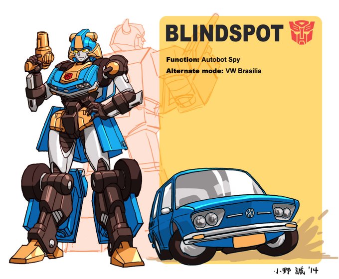 1girl 2014 artist_name autobot back-to-back bumblebee_(transformers) car character_name drifting english_commentary full_body gun hand_on_own_hip holding holding_gun holding_weapon horns makoto_ono mecha motor_vehicle no_humans original robot science_fiction standing transformers volkswagen volkswagen_brasilia weapon