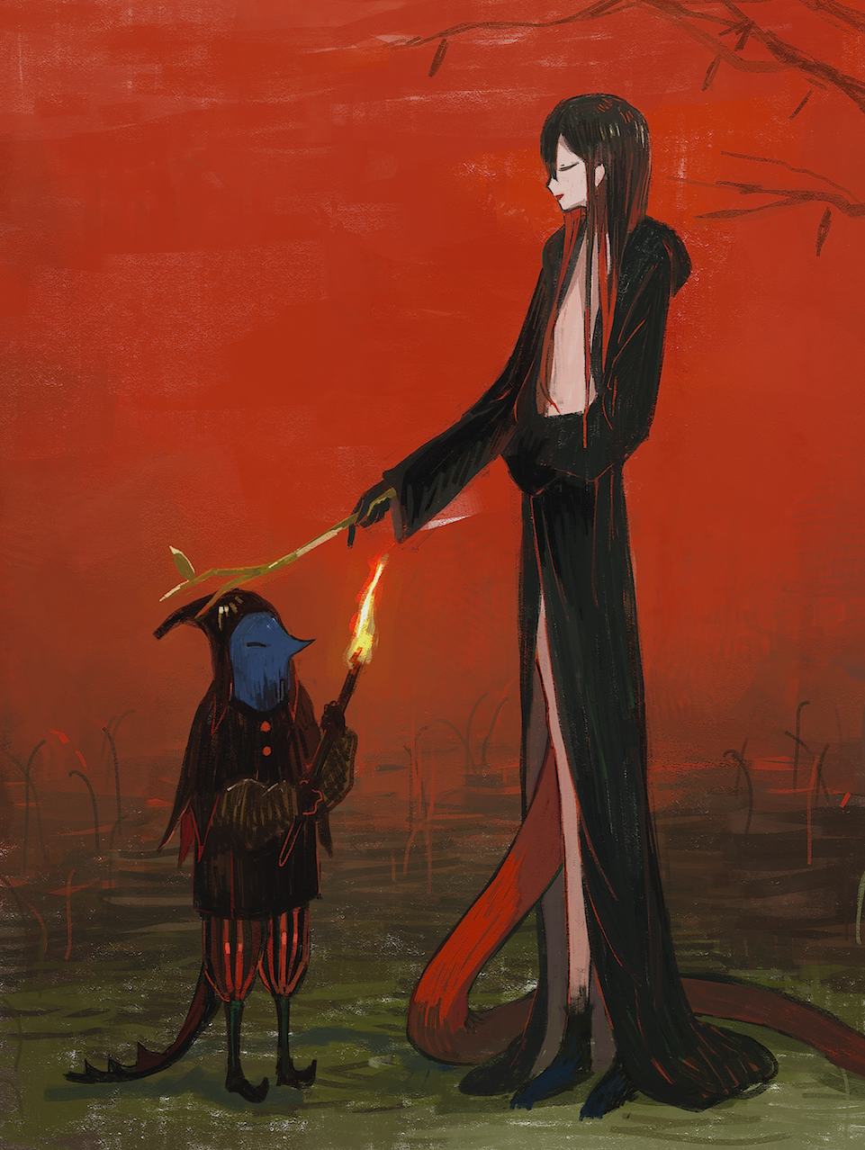 1girl 1other black_gloves black_robe closed_eyes esloena fire flat_chest gloves highres holding holding_stick long_hair monster_girl open_mouth original red_sky red_tail redhead robe shadow sky stick tall_female
