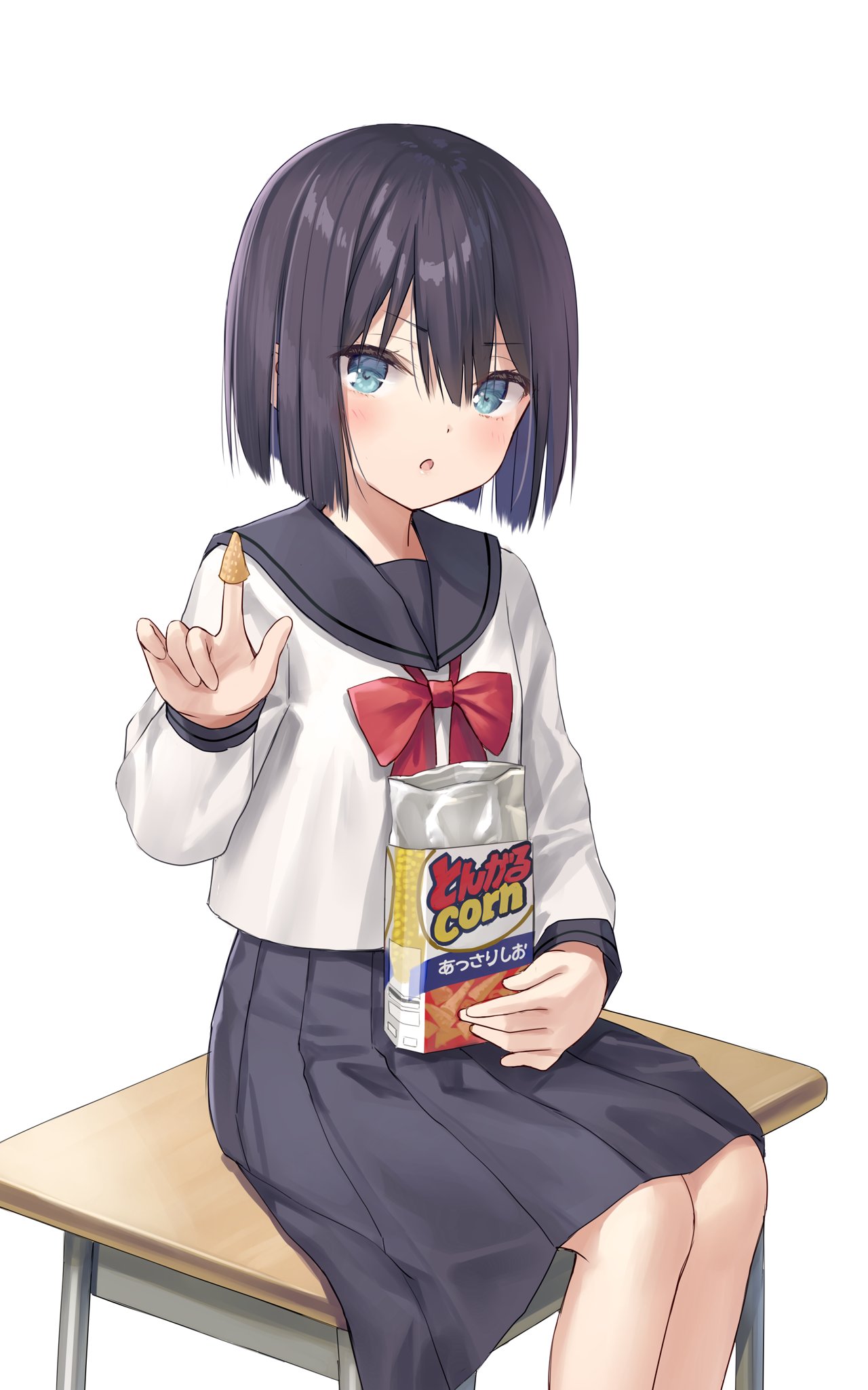 1girl bag_of_chips bare_legs black_hair black_sailor_collar black_skirt blue_eyes bob_cut bow bowtie commentary_request desk food food_on_hand hair_between_eyes highres holding holding_food index_finger_raised looking_at_viewer medium_hair na-ga neck_ribbon on_desk original parted_bangs parted_lips pleated_skirt red_bow red_ribbon ribbon sailor_collar school_desk school_uniform serafuku shirt sidelocks simple_background sitting skirt solo white_background white_shirt