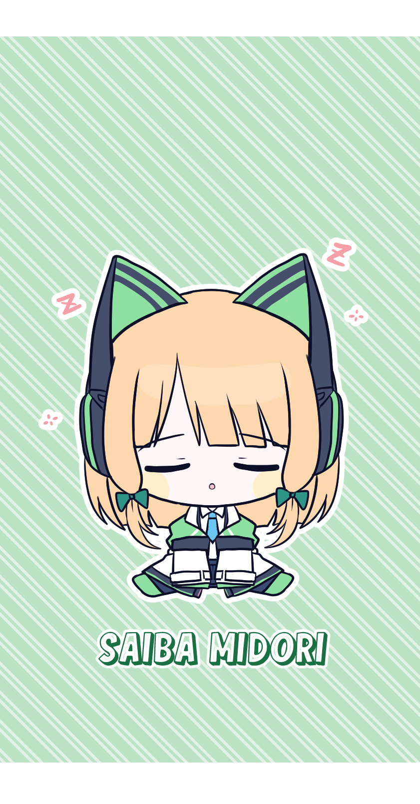 1girl :o animal_ear_headphones animal_ears black_shorts blonde_hair blue_archive blue_necktie bow character_name chibi closed_eyes collared_shirt diagonal_stripes facing_viewer fake_animal_ears full_body green_background green_bow green_footwear hair_bow headphones highres jacket long_sleeves midori_(blue_archive) necktie outline parted_lips seno_(senohime) shirt shoes shorts sidelocks sitting sleeping sleeves_past_fingers sleeves_past_wrists solo striped striped_background suspender_shorts suspenders white_jacket white_outline white_shirt wide_sleeves zzz